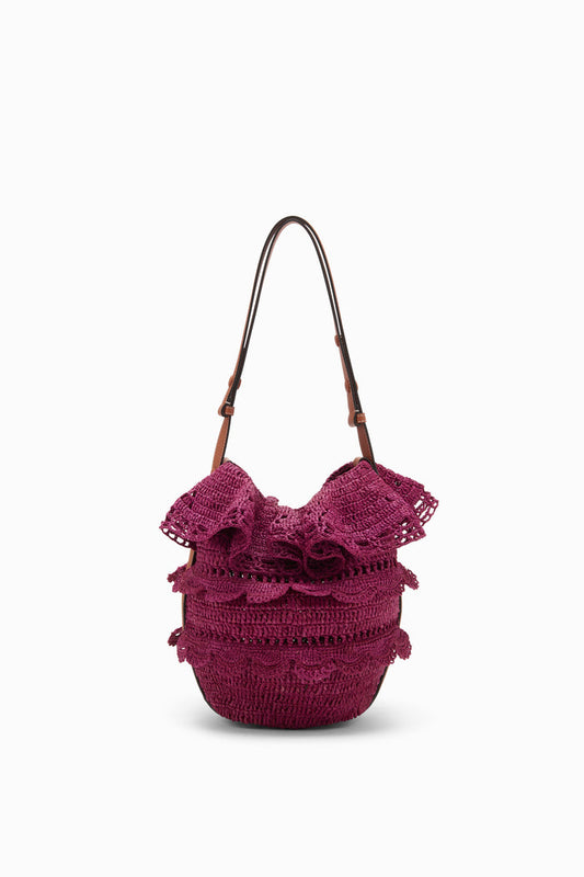 Orchid Hand-Crocheted Raffia Ruffle Bucket Bag - Front View | Ulla Johnson