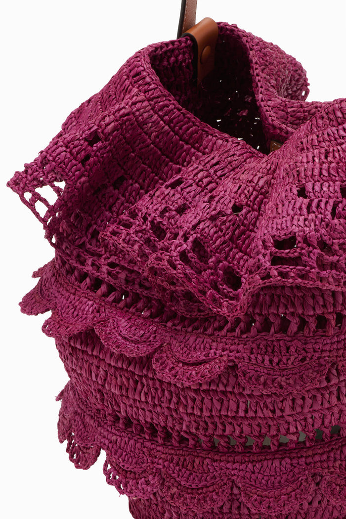Orchid Hand-Crocheted Raffia Bucket Bag Scalloped Ruffle Detail - Top View | Ulla Johnson