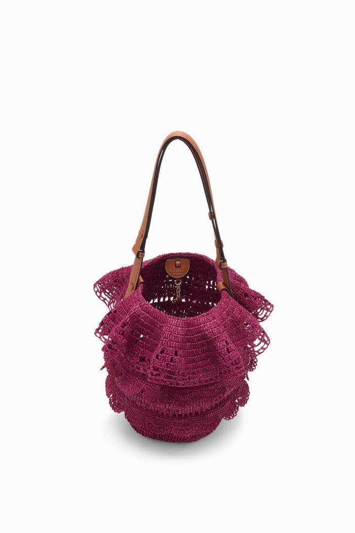 Orchid Luxury Designer Raffia Ruffle Bucket Bag - Interior & Open Top View | Ulla Johnson