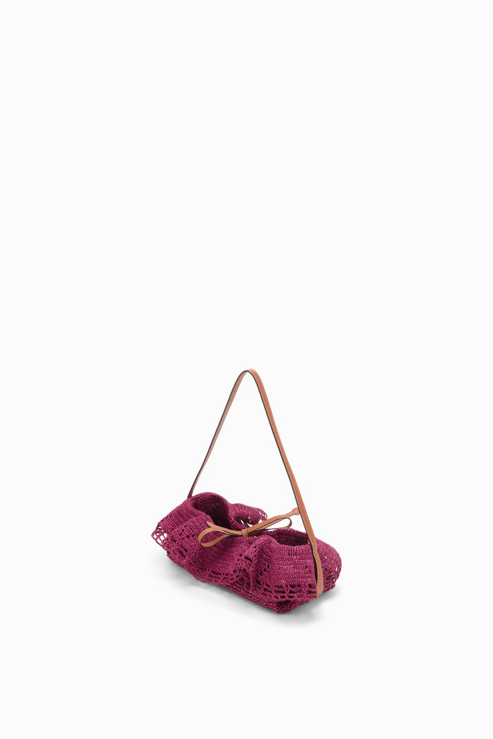 Orchid Designer Raffia Ruffle Pouchette - Side Angle with Leather Strap | Ulla Johnson