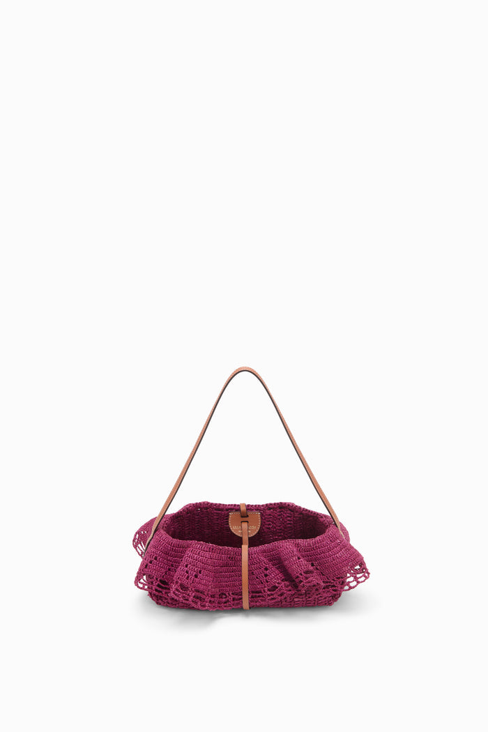Orchid Hand-Crocheted Raffia Ruffle Pouchette - Open Top View with Leather Strap | Ulla Johnson