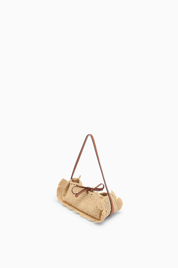 Natural Designer Raffia Scallop Pouchette - Angled Side View with Leather Strap | Ulla Johnson