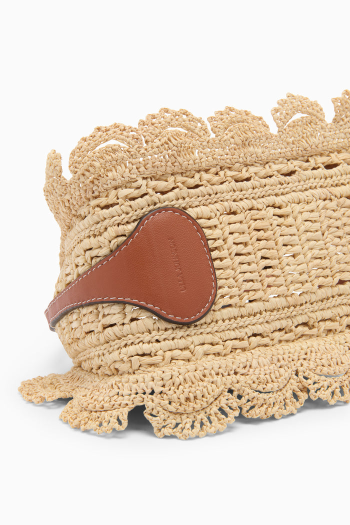 Natural Raffia Pouchette Close-Up - Hand-Crocheted Scallop Edge & Leather Logo Detail | Ulla Johnson