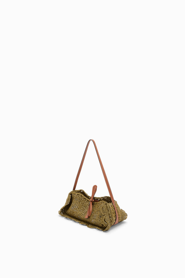 Olive Designer Raffia Scallop Pouchette with Leather Strap - Angle View | Ulla Johnson