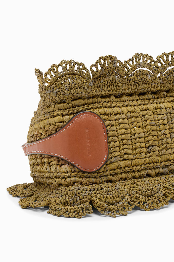 Olive Raffia Pouchette Scallop & Leather Logo Patch Close-Up Detail | Ulla Johnson