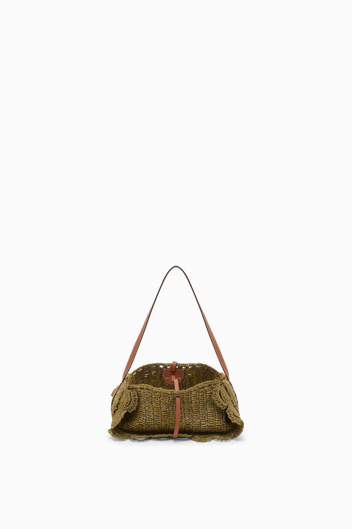 Olive Luxury Raffia Scallop Pouchette - Open Interior View with Leather Drawstring | Ulla Johnson
