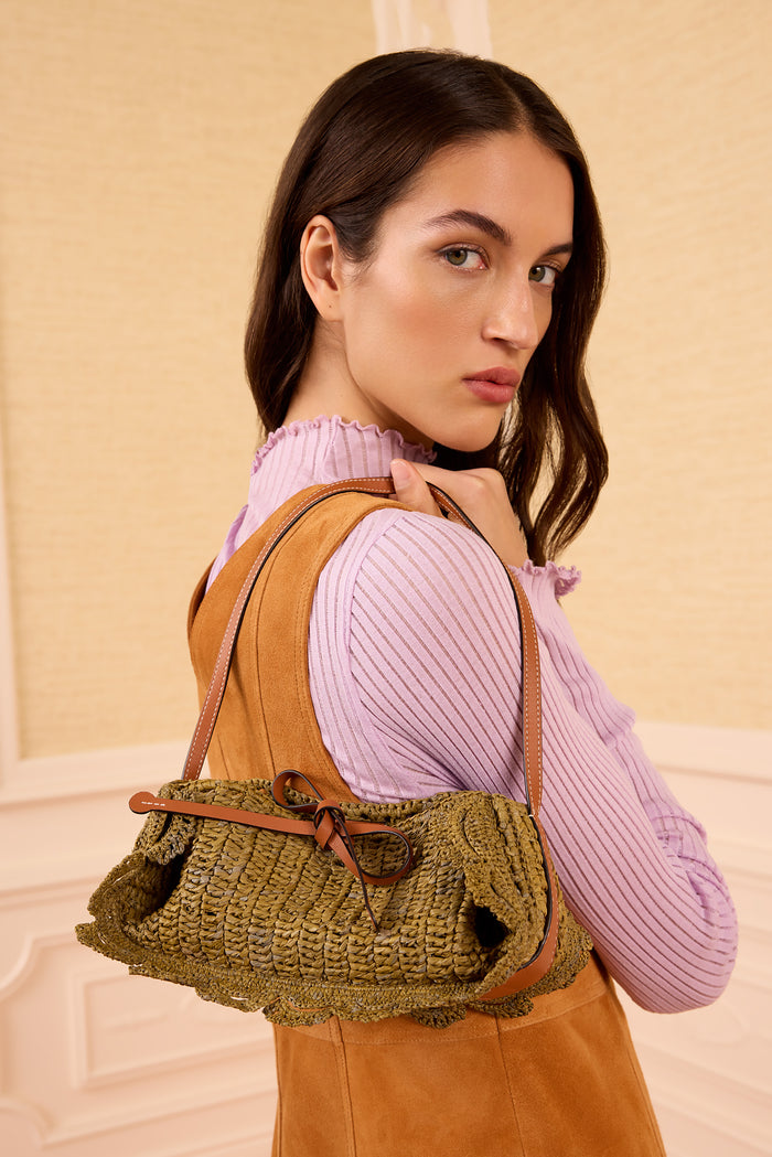 Olive Designer Raffia Scallop Pouchette On Model - Styled Shoulder Bag Look | Ulla Johnson