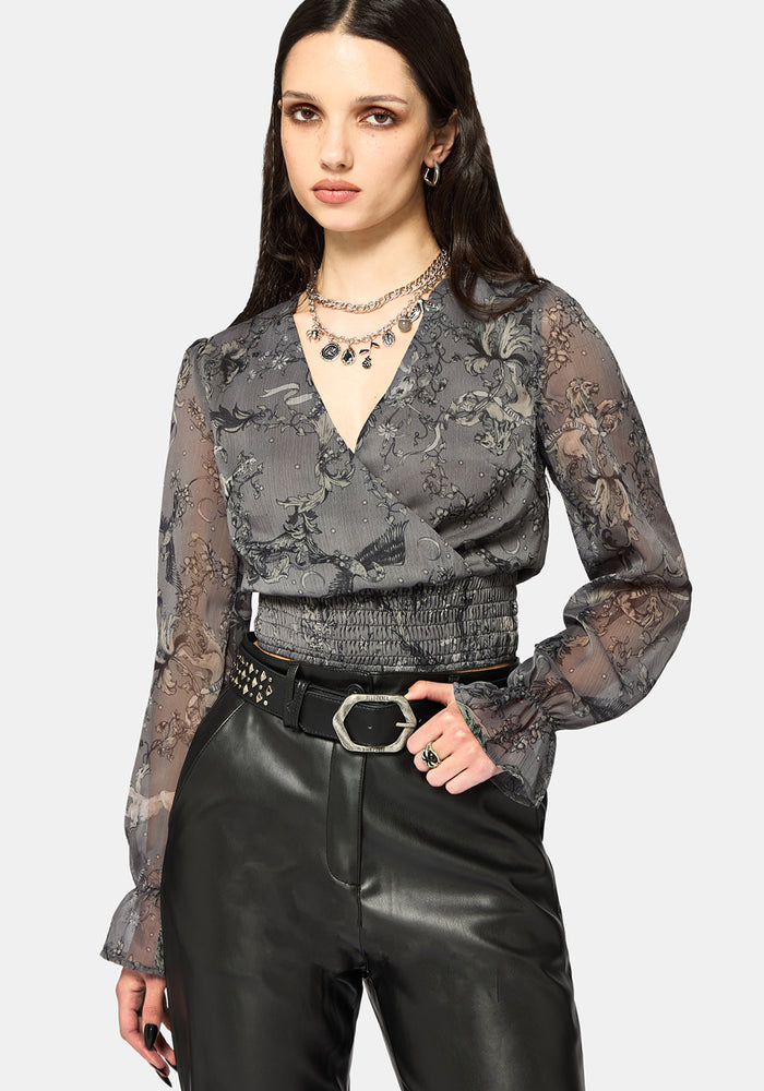 Merunicorn Enchanted Forest Grey Chiffon Wrap Top