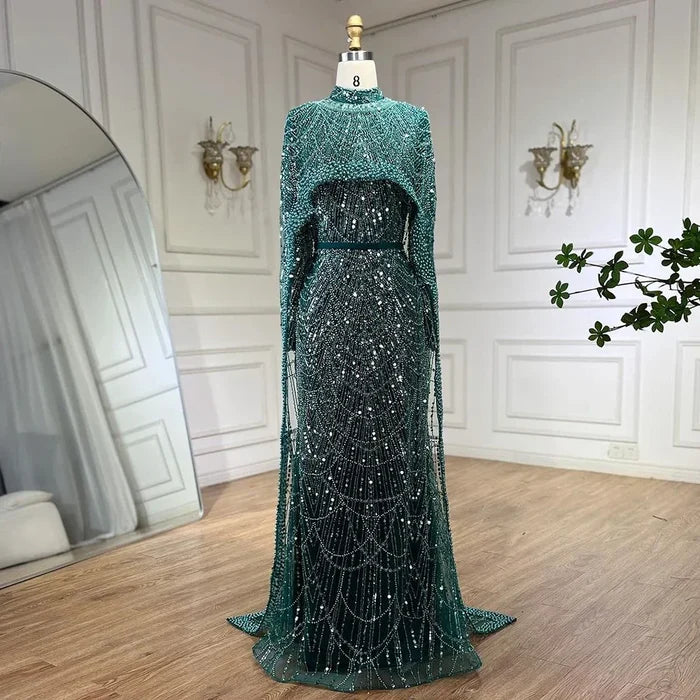 Modest Beaded Long Cape Dubai Evening Dresses LA72032M - SERENE HILL