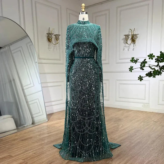 Modest Beaded Long Cape Dubai Evening Dresses LA72032M - SERENE HILL