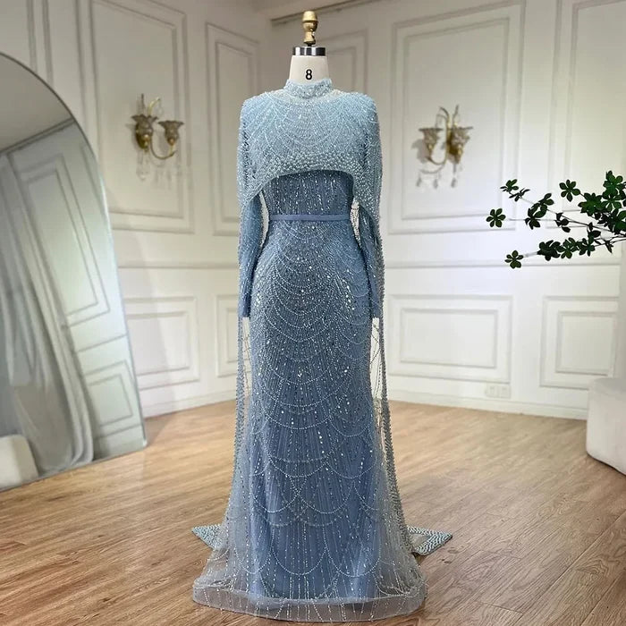 Modest Beaded Long Cape Dubai Evening Dresses LA72032M - SERENE HILL