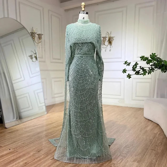 Modest Beaded Long Cape Dubai Evening Dresses LA72032M - SERENE HILL