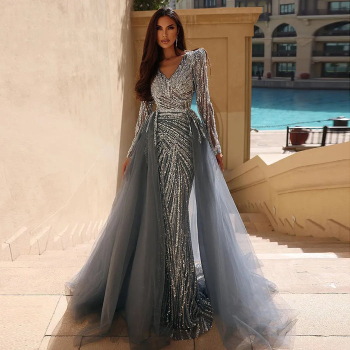Modest Beaded Luxury Evening Dresses with Detachable Skirt LA71750 - SERENE HILL