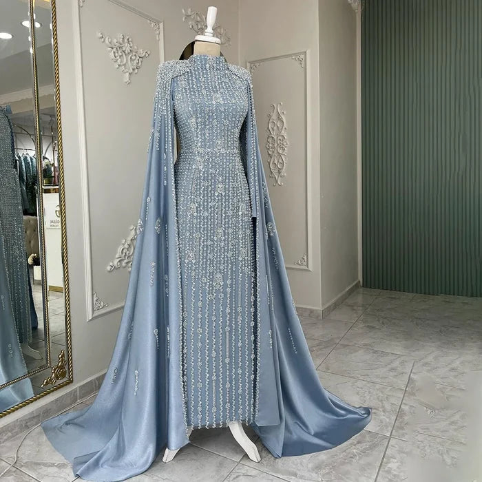 Modest Blue Muslim Beaded Evening Gown with Cape Sleeves LA72533 - SERENE HILL