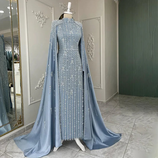 Modest Blue Muslim Beaded Evening Gown with Cape Sleeves LA72533 - SERENE HILL