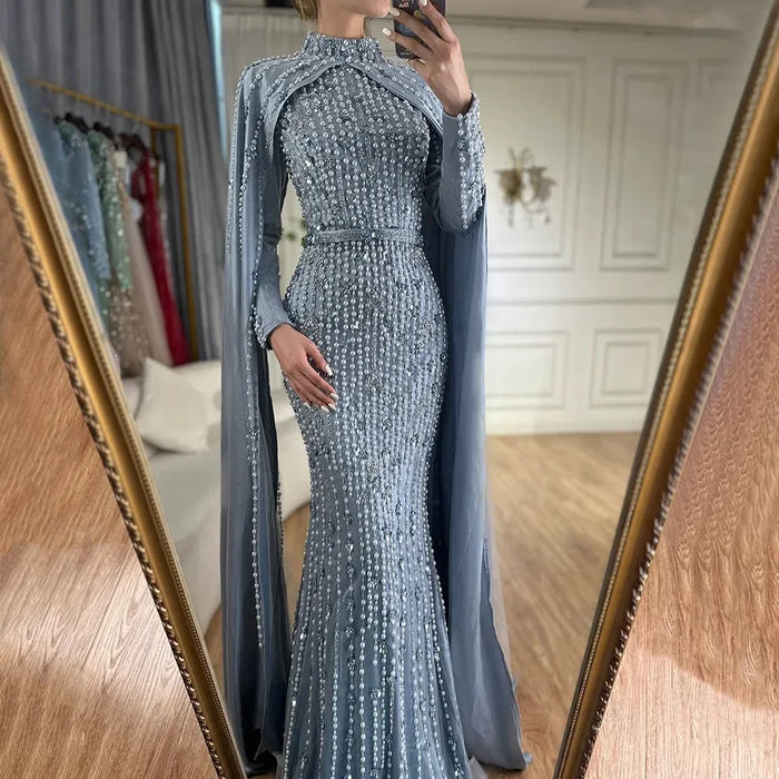 Modest Blue Muslim Beaded Evening Gown with Cape Sleeves LA72533 - SERENE HILL