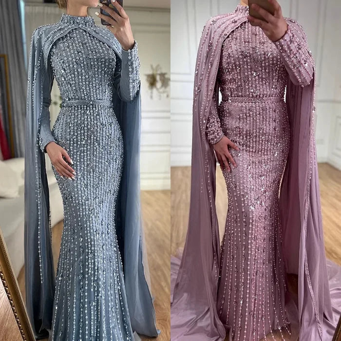 Modest Blue Muslim Beaded Evening Gown with Cape Sleeves LA72533 - SERENE HILL