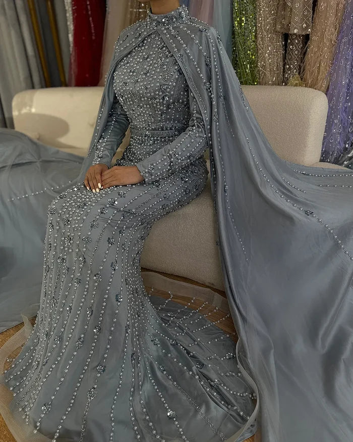 Modest Blue Muslim Beaded Evening Gown with Cape Sleeves LA72533 - SERENE HILL