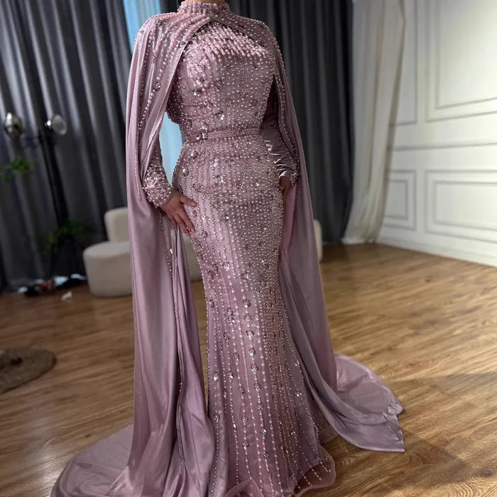 Modest Blue Muslim Beaded Evening Gown with Cape Sleeves LA72533 - SERENE HILL