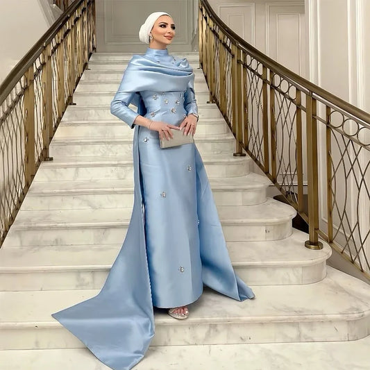 Modest Blue Satin Beaded Mermaid Evening Dress with Overskirt LA72414M - SERENE HILL