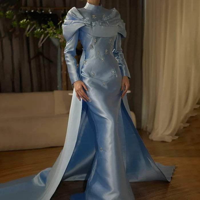 Modest Blue Satin Beaded Mermaid Evening Dress with Overskirt LA72414M - SERENE HILL