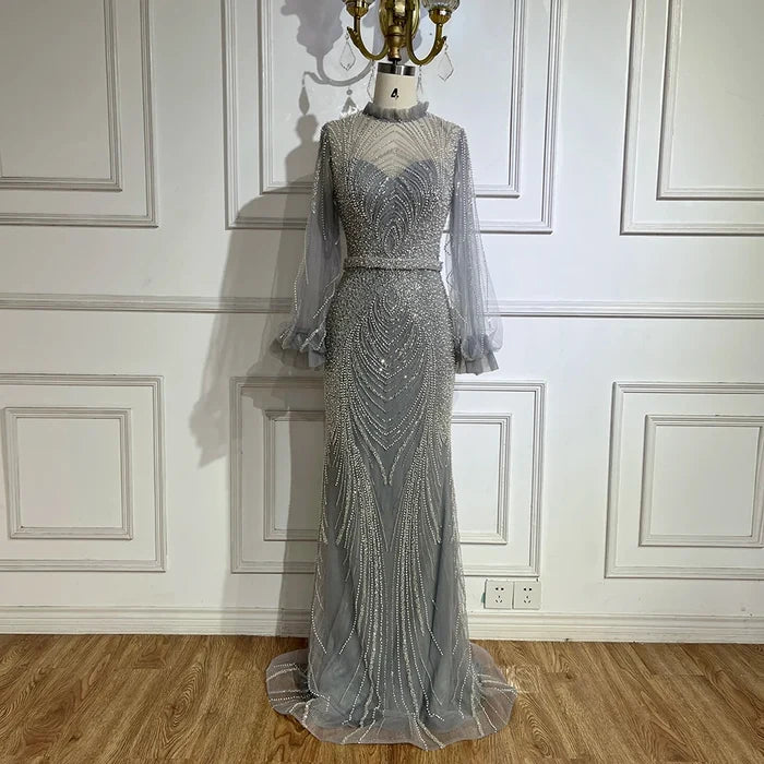 Modest Gray High Neck Mermaid Evening Dress with Long Sleeves LA71690A - SERENE HILL