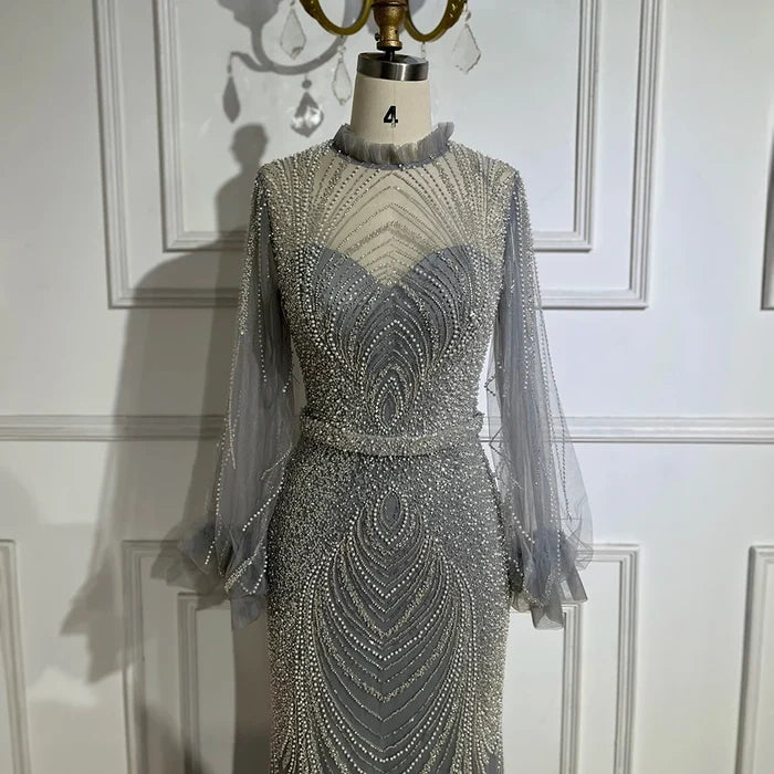 Modest Gray High Neck Mermaid Evening Dress with Long Sleeves LA71690A - SERENE HILL