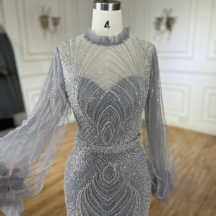 Modest Gray High Neck Mermaid Evening Dress with Long Sleeves LA71690A - SERENE HILL