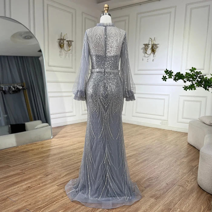 Modest Gray High Neck Mermaid Evening Dress with Long Sleeves LA71690A - SERENE HILL