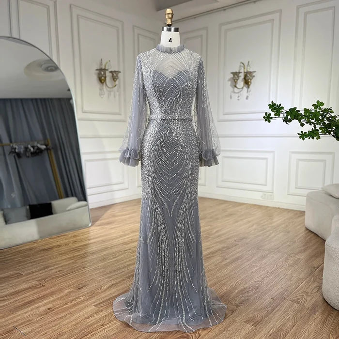 Modest Gray High Neck Mermaid Evening Dress with Long Sleeves LA71690A - SERENE HILL