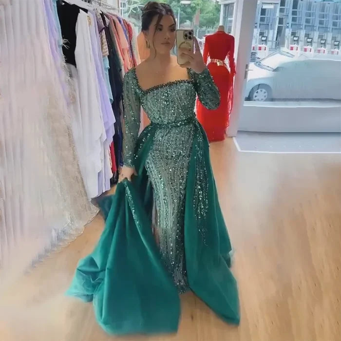 Modest Green Mermaid Evening Dress with Overskirt LA72710 - SERENE HILL