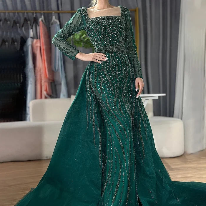 Modest Green Mermaid Evening Dress with Overskirt LA72710 - SERENE HILL