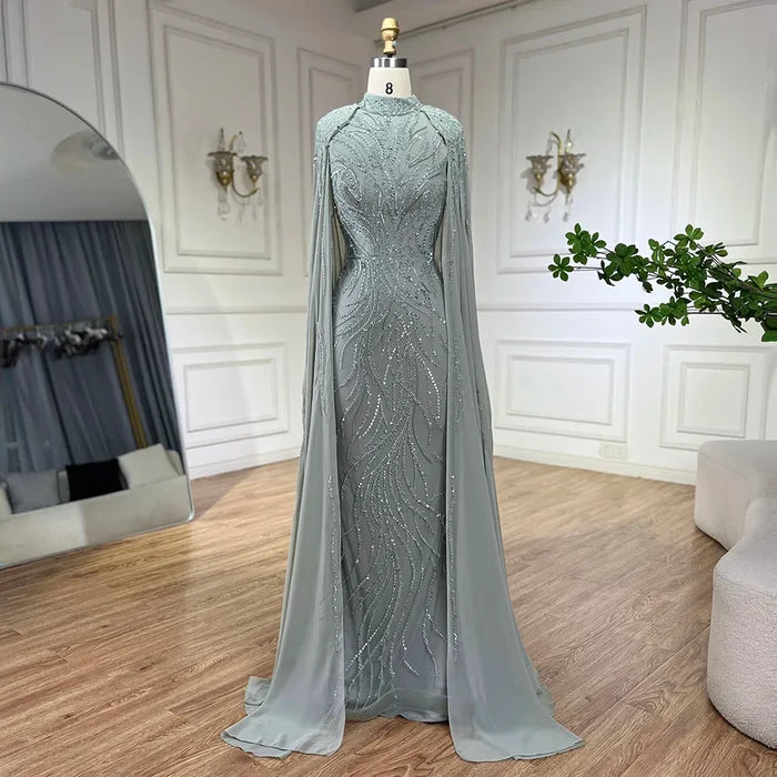 Modest Muslim Sage Green Evening Dress with Cape Long Sleeves LA72413A - SERENE HILL