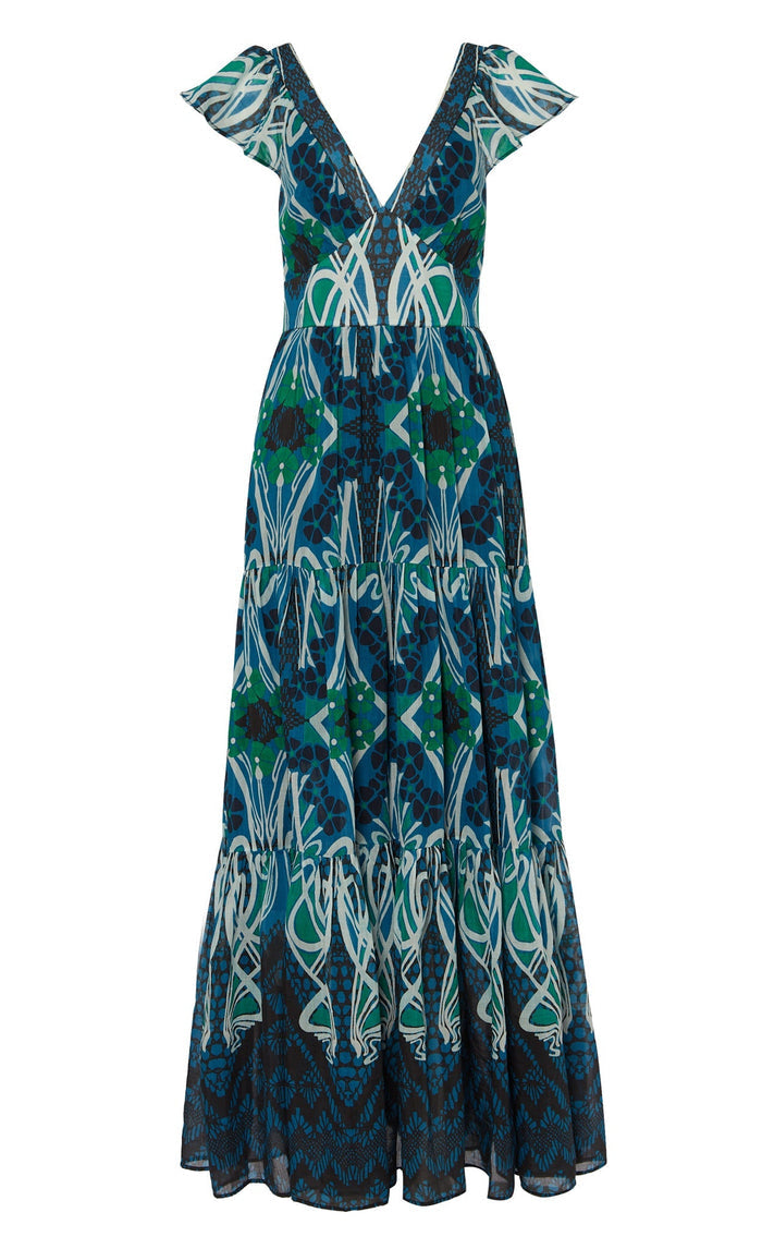 Monikh V-Neck Dress - Blue & Green Mix