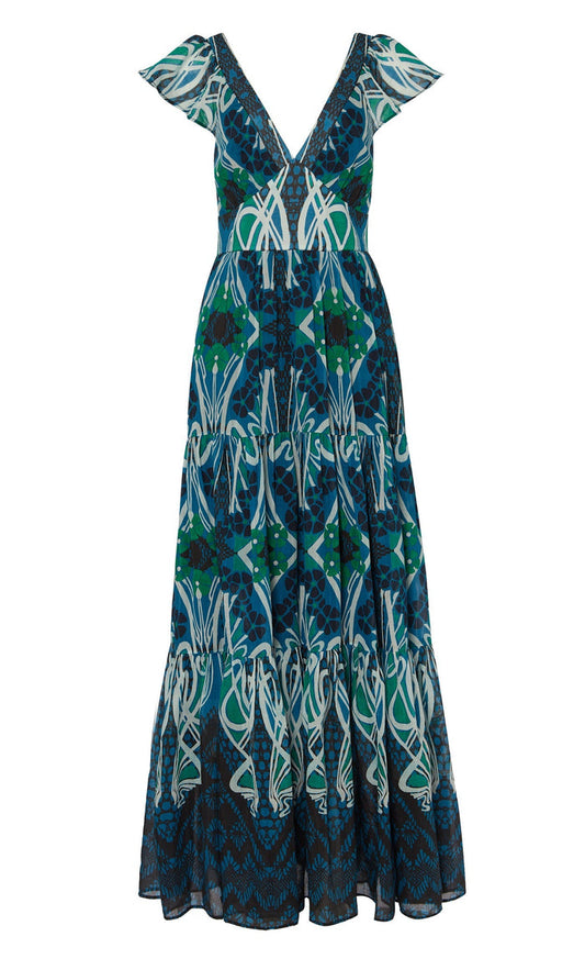 Monikh V-Neck Dress - Blue & Green Mix