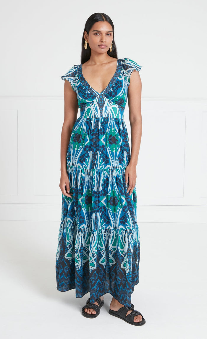 Monikh V-Neck Dress - Blue & Green Mix