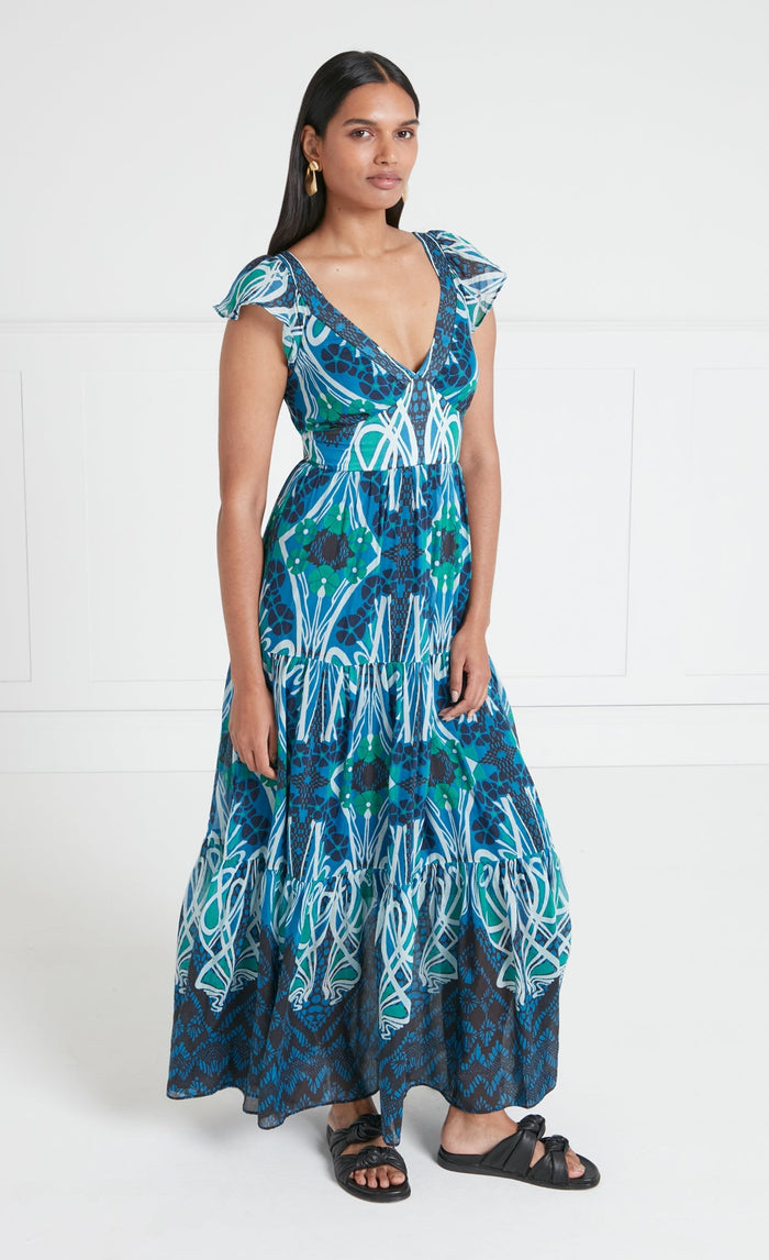Monikh V-Neck Dress - Blue & Green Mix