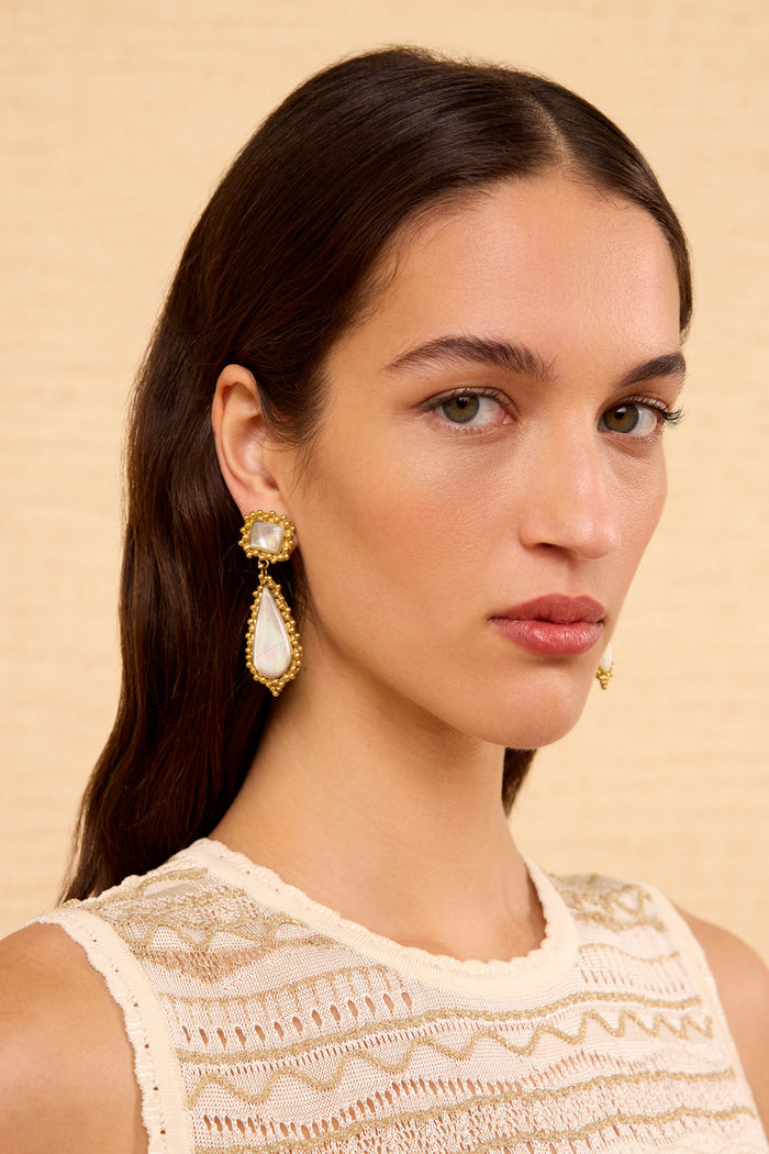 Luxury Mother-of-Pearl Drop Earrings on Model - Three-Quarter View | Ulla Johnson