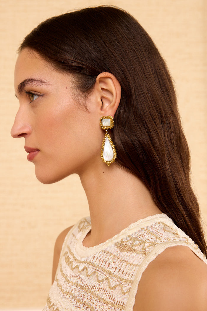 Designer Handcrafted Mother-of-Pearl Teardrop Earring on Model - Side Profile | Ulla Johnson