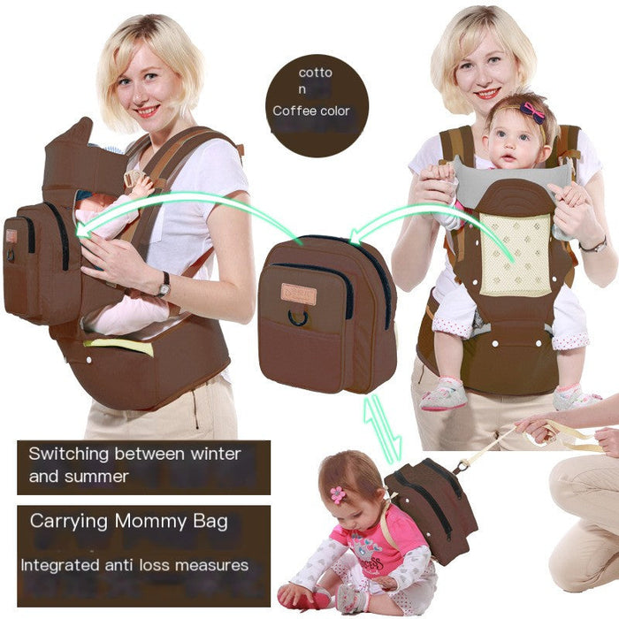 Multi-Functional Baby Carrier and Waist Stool with integrated anti-loss measures in coffee color.