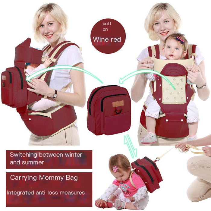 Multi-Functional Baby Carrier and Waist Stool in wine red, features ergonomic design and carrying options for parents.