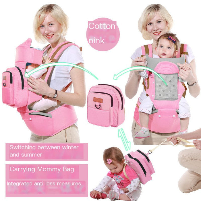 Multi-Functional Baby Carrier and Waist Stool in pink cotton, featured with various ergonomic options for parents and babies.