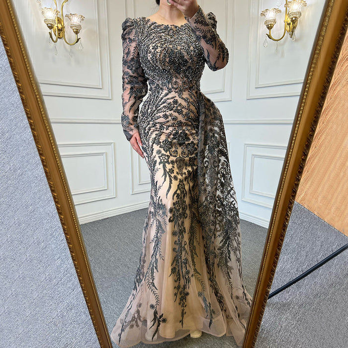 Muslim Brown Luxury Beaded Mermaid Evening Dress with Overskirt LA71610 - SERENE HILL
