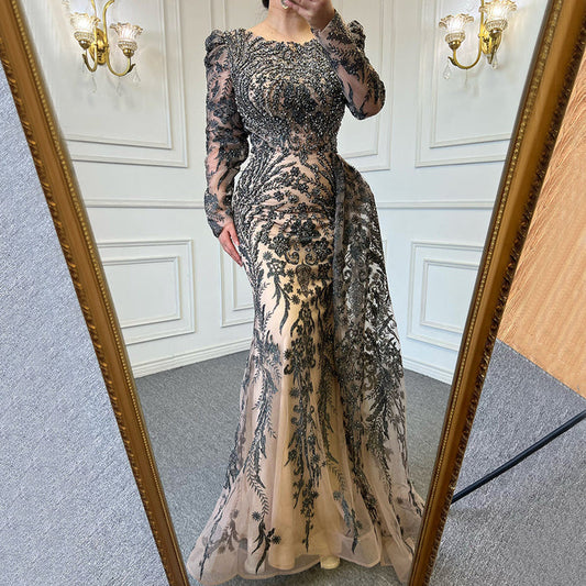Muslim Brown Luxury Beaded Mermaid Evening Dress with Overskirt LA71610 - SERENE HILL