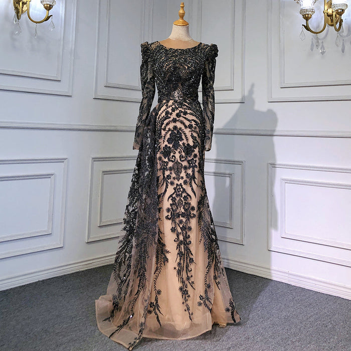 Muslim Brown Luxury Beaded Mermaid Evening Dress with Overskirt LA71610 - SERENE HILL