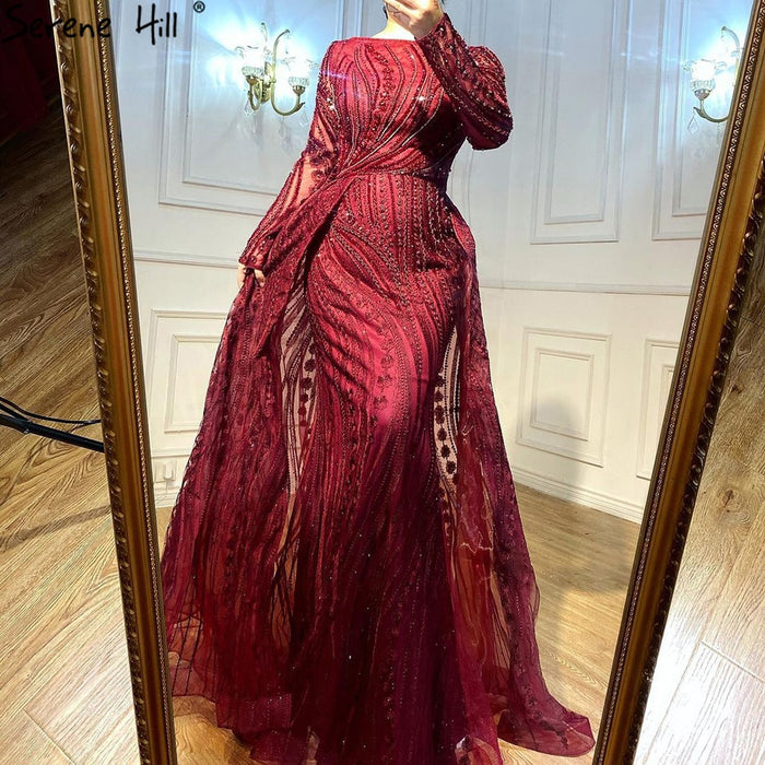 Muslim Burgundy Beaded Mermaid Evening Dress With Overskirt Plus Size LA70836 - SERENE HILL