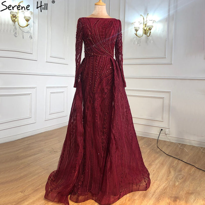 Muslim Burgundy Beaded Mermaid Evening Dress With Overskirt Plus Size LA70836 - SERENE HILL