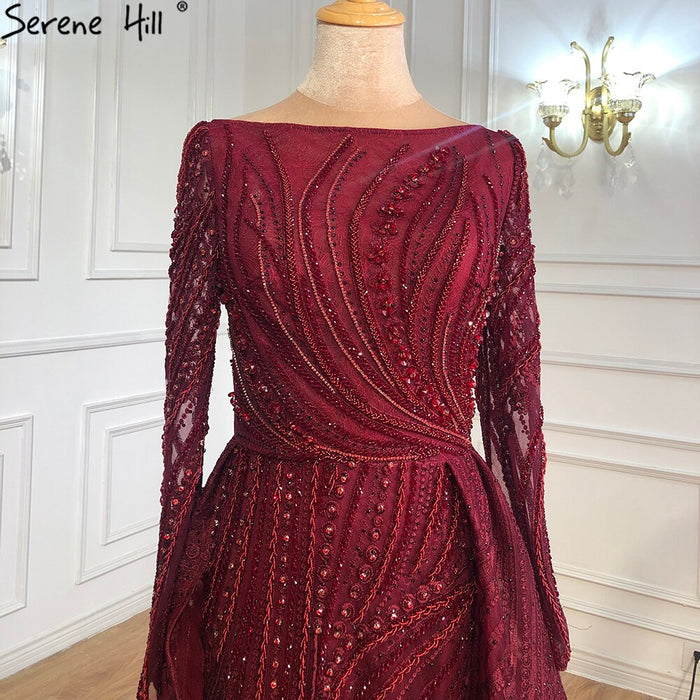 Muslim Burgundy Beaded Mermaid Evening Dress With Overskirt Plus Size LA70836 - SERENE HILL