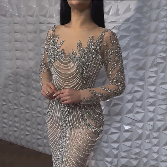 Muslim Elegant Crystal Pearls Evening Dresses With Long Sleeve LA72478 - SERENE HILL