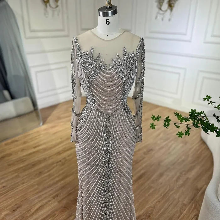 Muslim Elegant Crystal Pearls Evening Dresses With Long Sleeve LA72478 - SERENE HILL